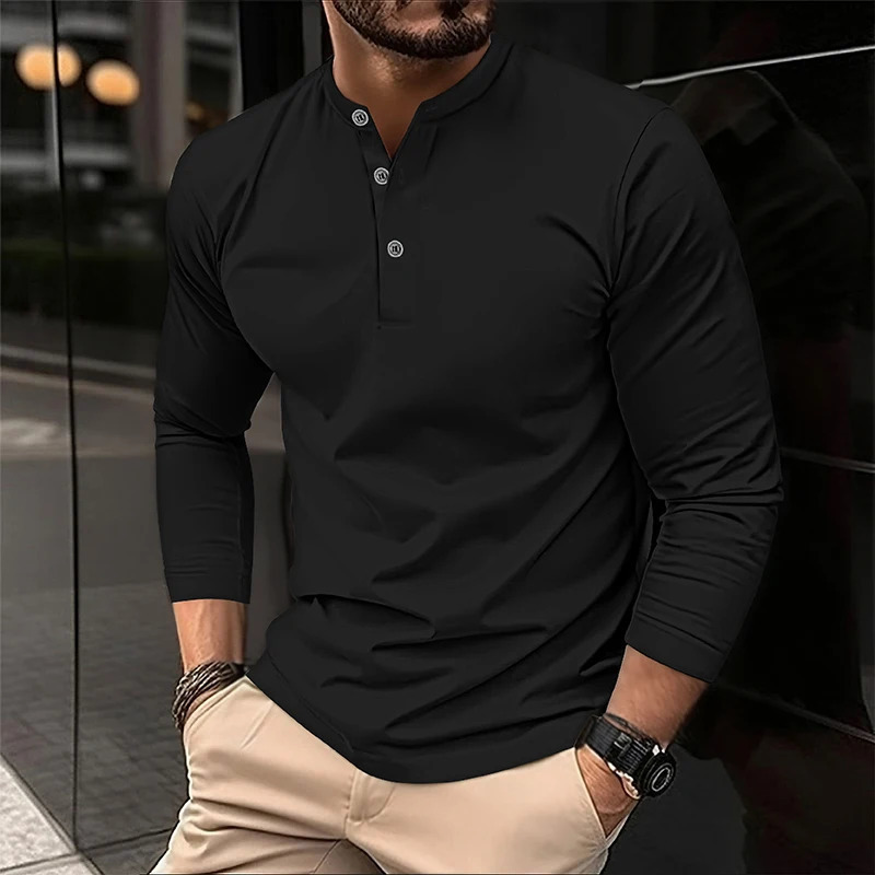 2025 Mens Summer Long Sleeve Henry Polo Casual Breathable Comfortable Polo Shirt Solid High Quality Male T-Shirt Drop 250813