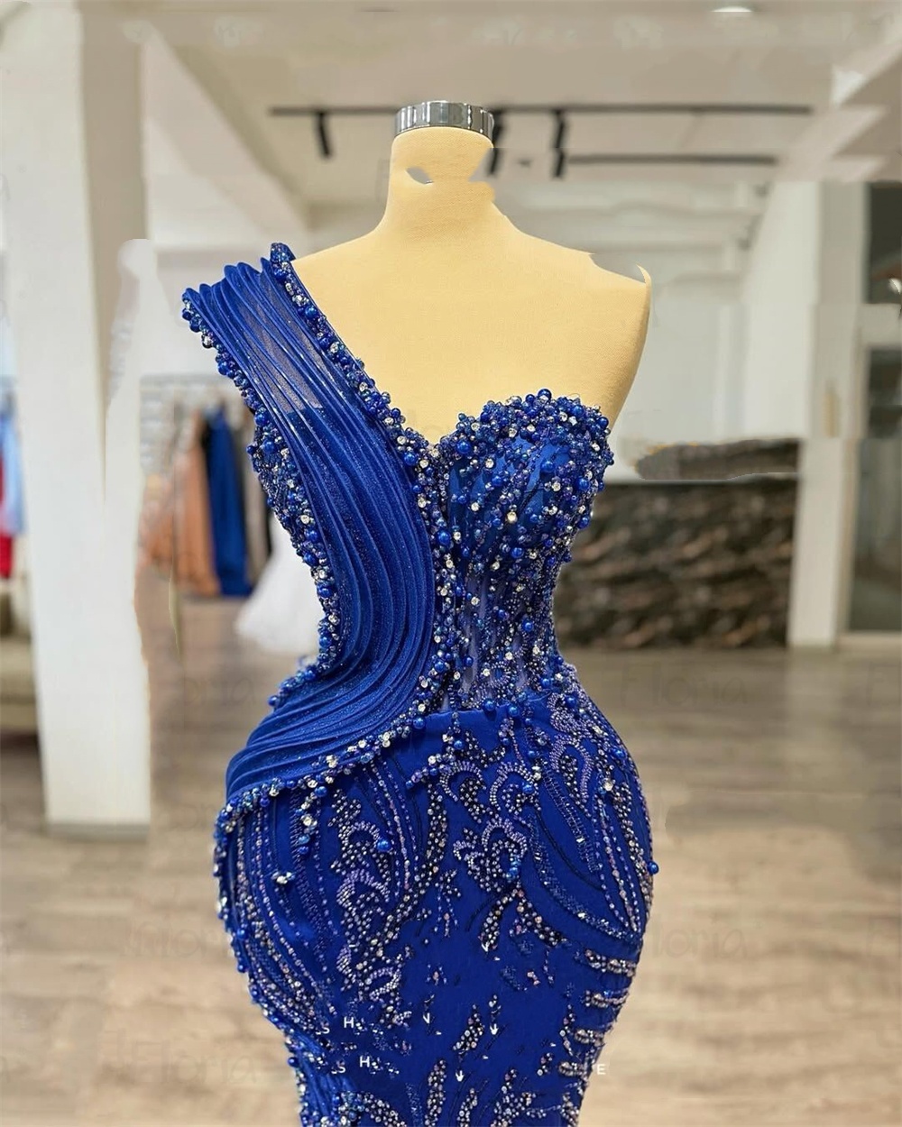 Royal Blue Prom Dress One Shoulder Beaded Reception Party Gowns Saudi Arabi Shiny Celebrity Evening Dresses Customized