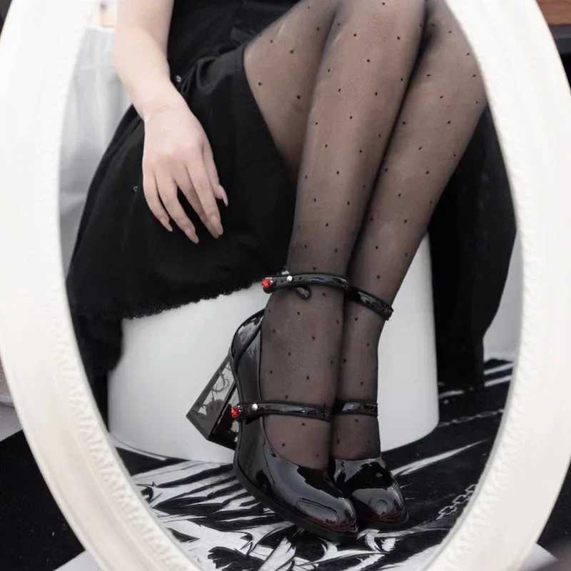 2024 New Punk Gothic High Heels Pumps for Women Rose Heeled Patent Leather Shoes with Ankle Straps Black Mary Jane Shoes W250814