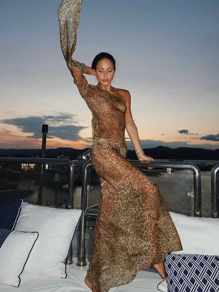 1 Shoulder Leopard Print Maxi Dress Women Inclined Shoulder Backless Beach Holiday Vacation Club Sexy Long Dress XJ250814