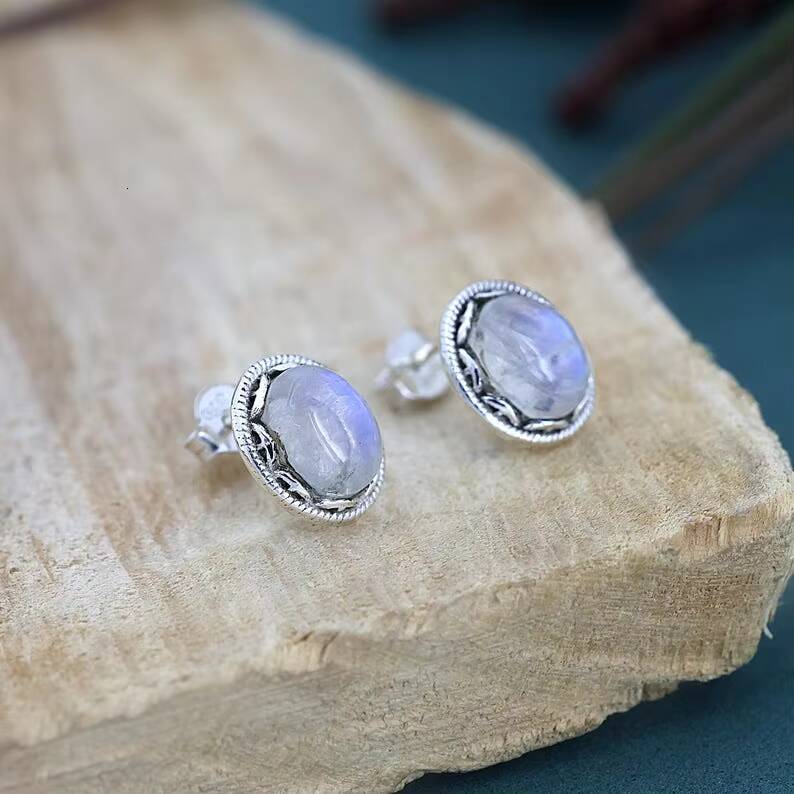 Natural Rainbow Moonstone Oval Loose Bohemian Style Fashion Earrings Pure Sier Fine Jewelry for Women