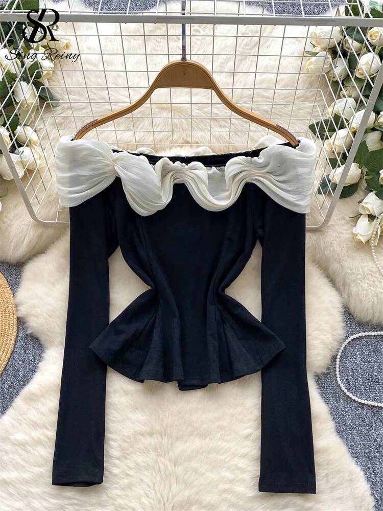 2025 off shoulder hot and spicy top women's diamond slant neck YK short T-shirt lightweight luxury new fashion autumn slim fit women's shirt