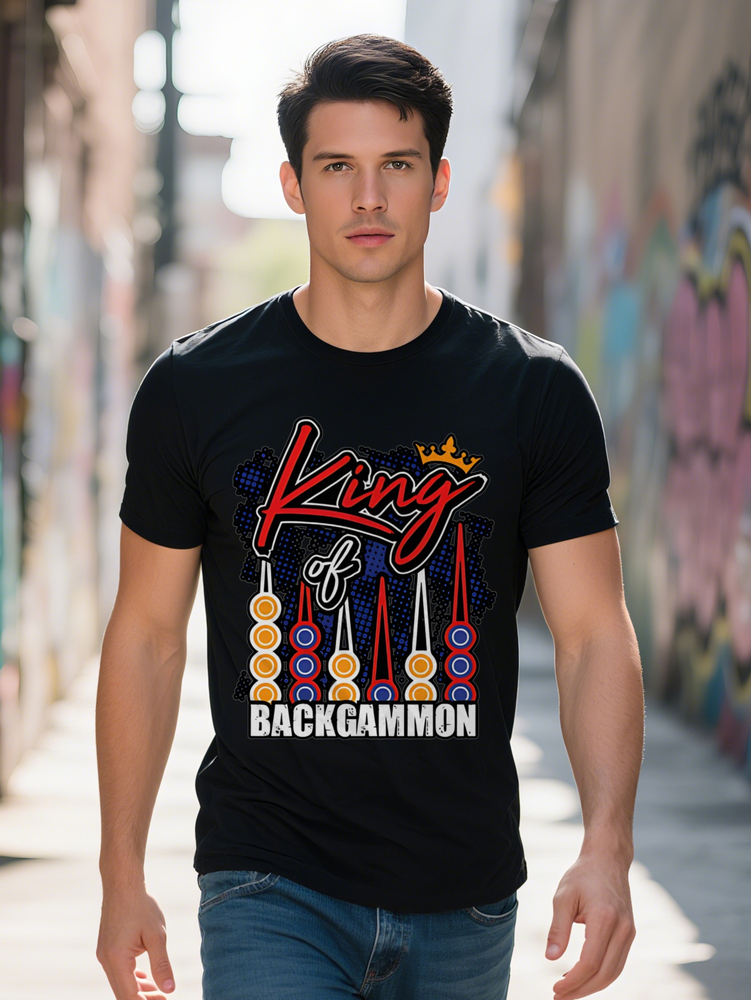 Men S Casual King of BACKGAMMON Print T Shirt Black Crew Neck Tee with Crown Swords Design Gaming Themed Apparel