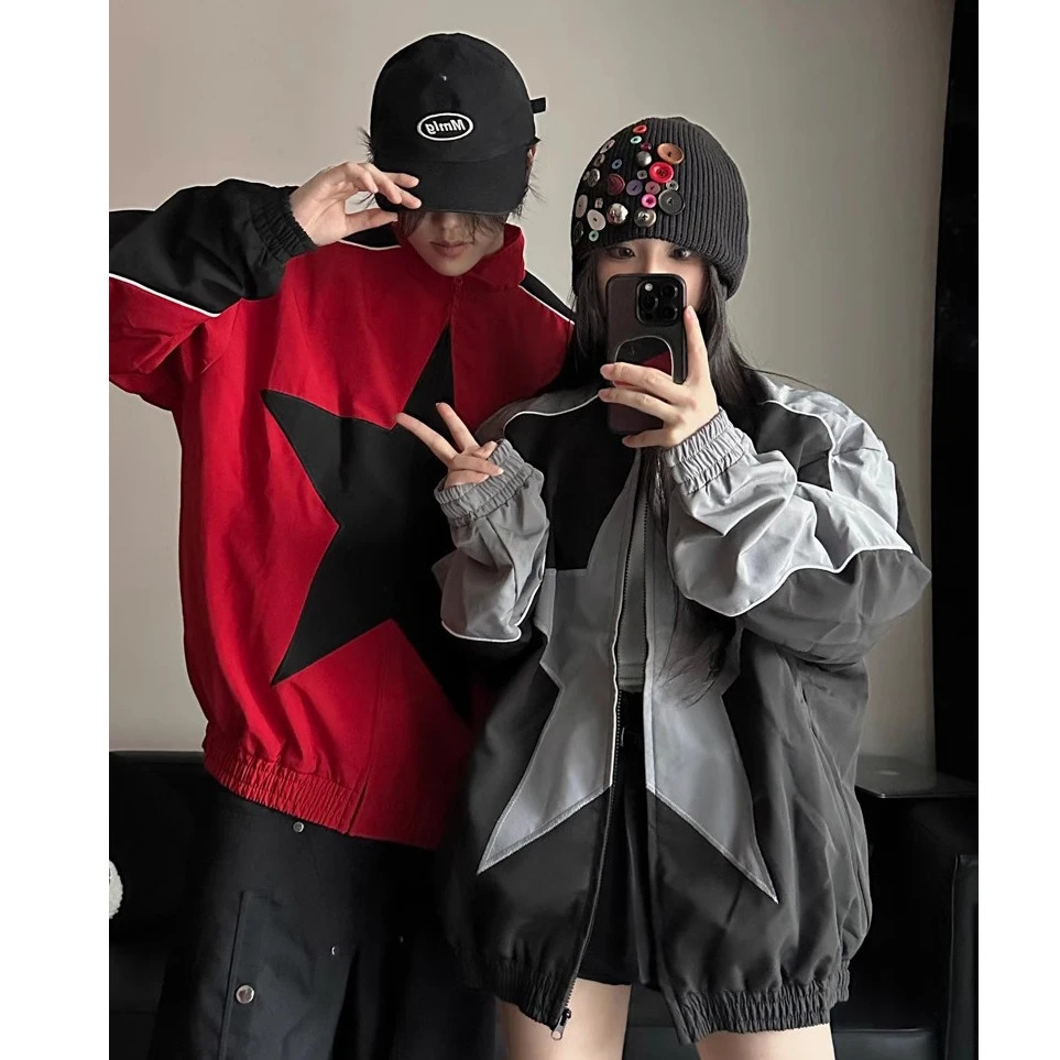 Spring Bomber Jacket Men Women Vintage Star Pattern Harajuku Y2k Windbreaker Coat Streetwear Zipper Patchwork Outerwear Unisex 250813