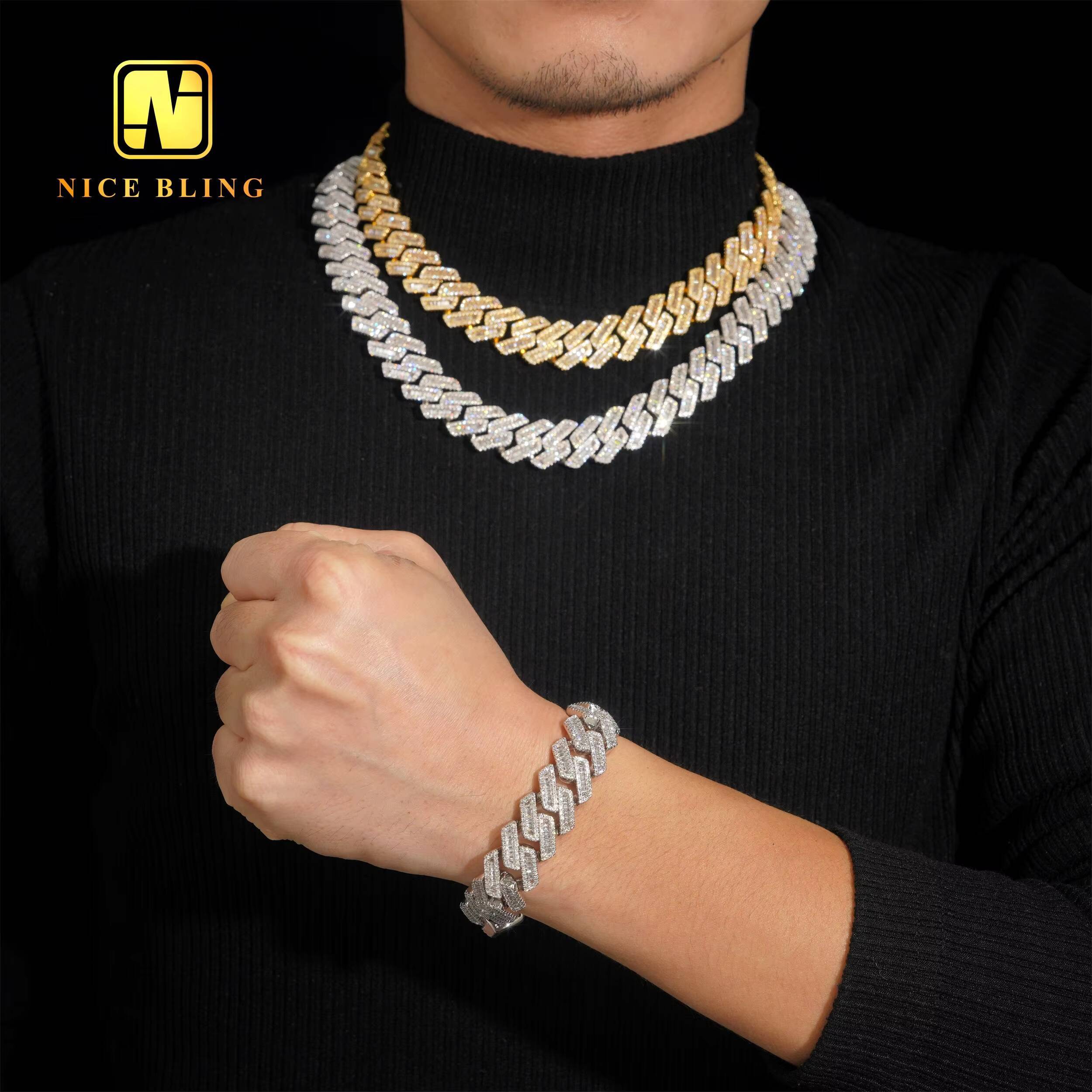 17mm Cuban Link Chains Men Hip Hop Jewelry baguette CZ Diamond Necklaces Iced Out Brass Chains