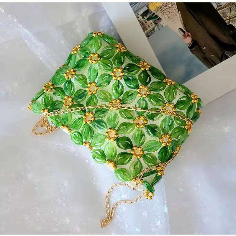 City Bag New Arrivals Handmade Green Beaded Woven Crossbody Women's Evening Bag Party Wedding Female Acrylic Dress Clutches Bolsos