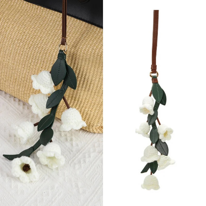 Lily Of The Valley Tulip Bag Charm Handmade Cowhide Woven flower Knitted High-end Cute Personalized Leather Keychain 250813