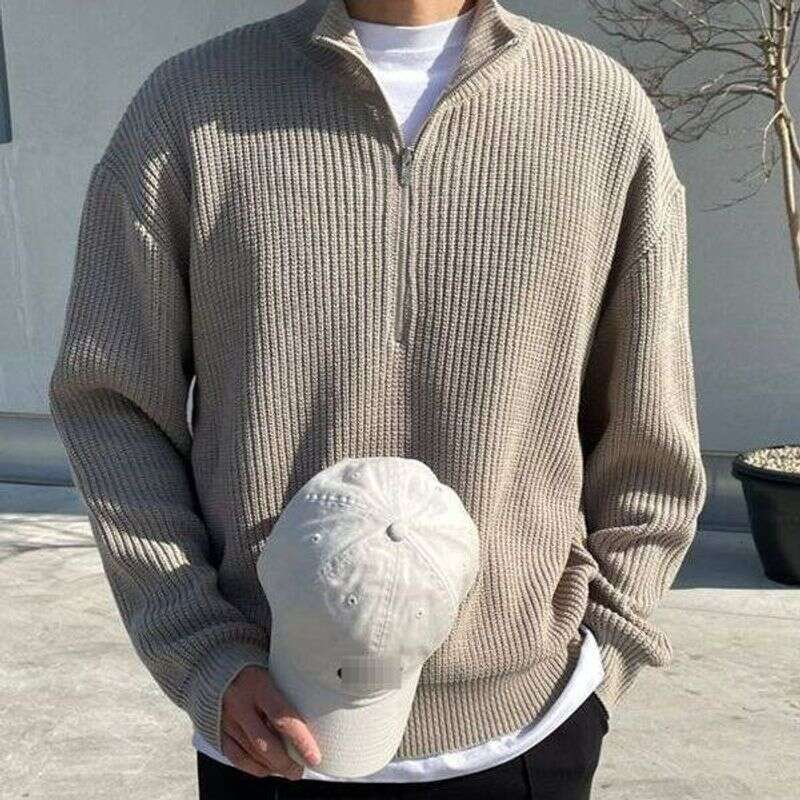 Men's Clothing Autumn Half Zip Cardigan Men Style Trend Handsome Versatile Stand Collar Knitted Sweater Top Turtleneck Jacket