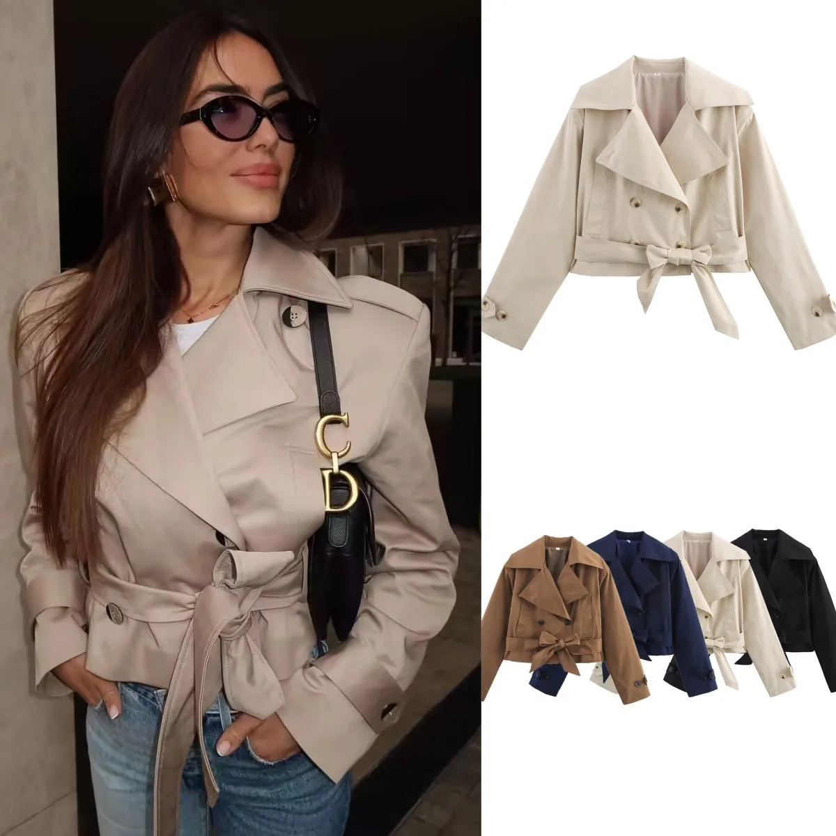 ETJ 2025 TRAF womens British wind trench coat style double-breasted long sleeve belt lapel jacket short coat 250813