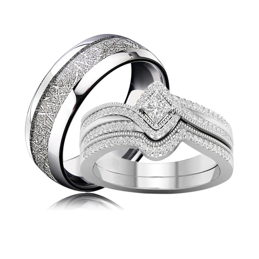 Charm Silver Color Couple Rings for Lovers Cute Women s Zircon Set Trendy Stainless Steel Men Jewelry 250811