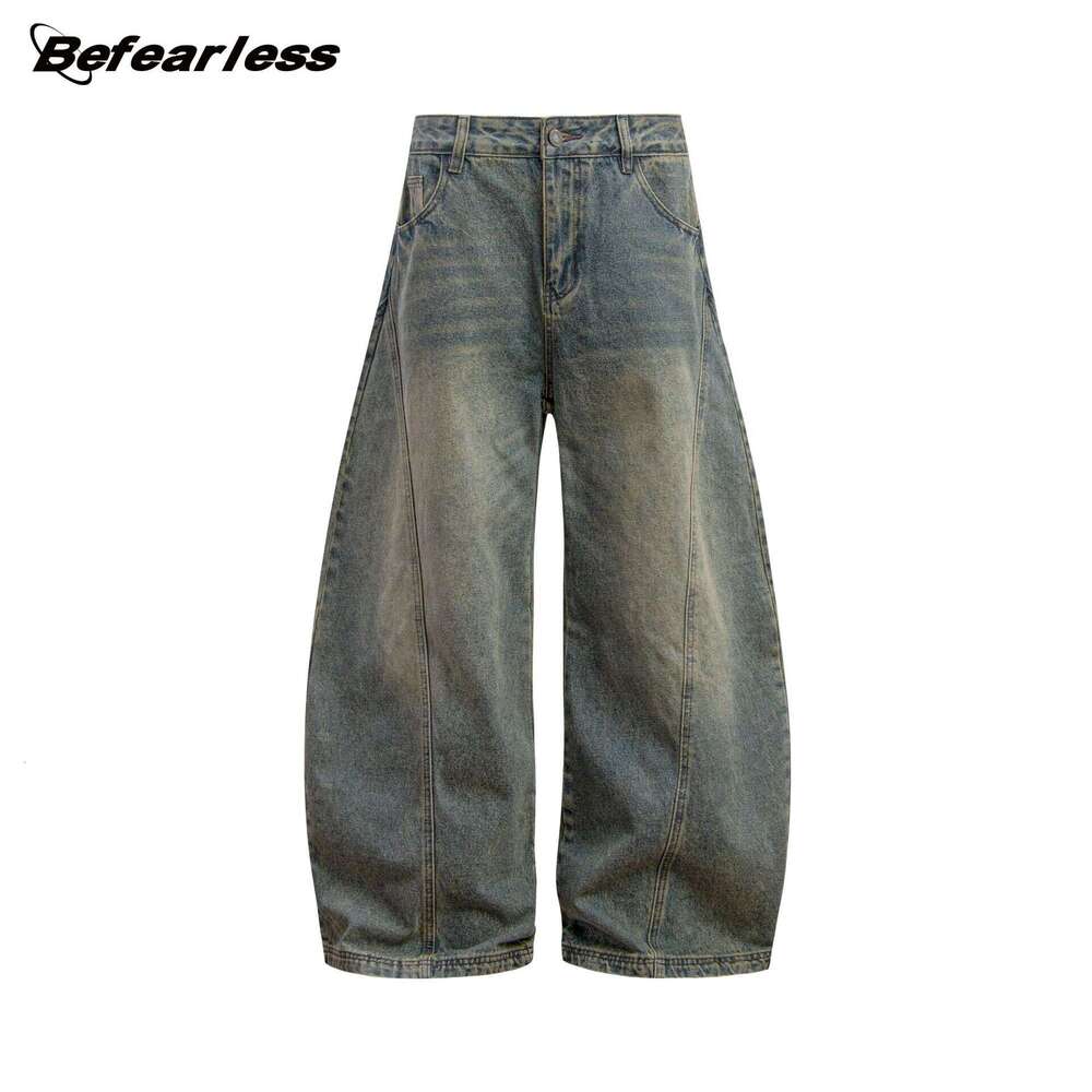 American Style Washed Vintage Scimitar Jeans For Men, Trendy Loose Wide-Leg Design Long Pants, Scythe Pants B5