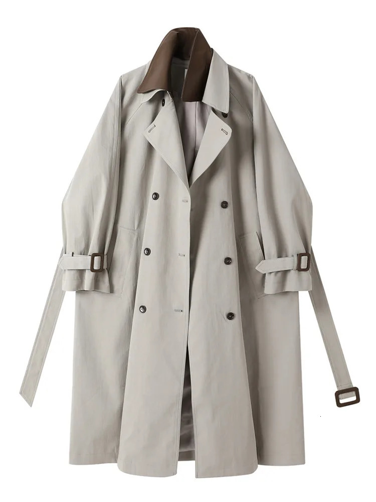 ZMEENNA Womens Gray Double Breasted Trench Coat With Belt Notched Lapel Loose Fit Long Jacket Casual Spring Outerwear ZM1062 250805