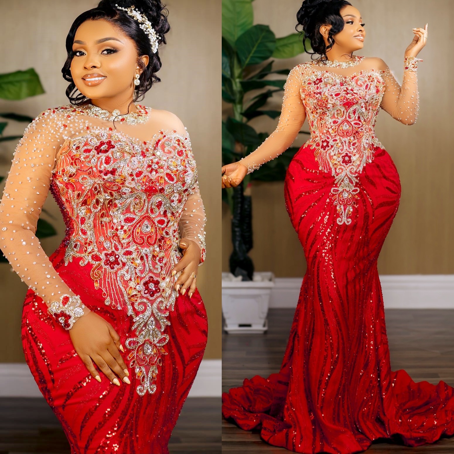 Red Mermaid Prom Dresses 2025 Beaded Lace Full Sleeves Sparkly Evening Formal Party Second Birthday Engagement Gowns Plus Size Dress For Special Occas