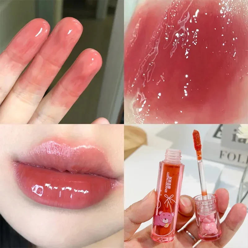 Cute Pink Bear Water Light Lip Gloss Lasting Crystal Glossy Lip Glaze Mirror Nude Liquid Lipstick Women Lips Makeup Cosmetics 250812