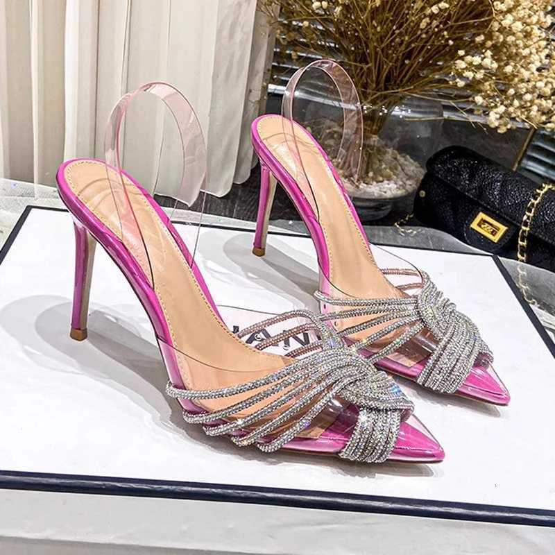 10cm Thin High Heels Women Sandals Fashion Transparent Rhinestone Slingbacks Gladiator Sandals Summer Party Prom Shoes W250814