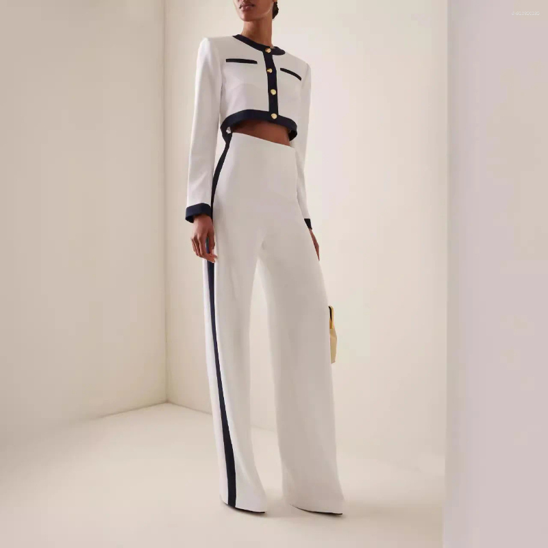 Women's Two Piece Pants Fashion Set Women Round Neck Long Sleeve Patchwork Singe Breasted Button Top Loose Wide Legs Casual Sets Autumn