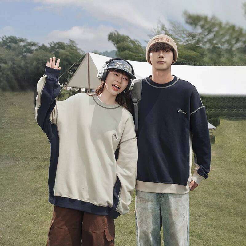 TFETTERS Brand Two Tone Splicing Men Autumn New O Neck Vintage Sweatshirts For Couples Fashion Streetwear