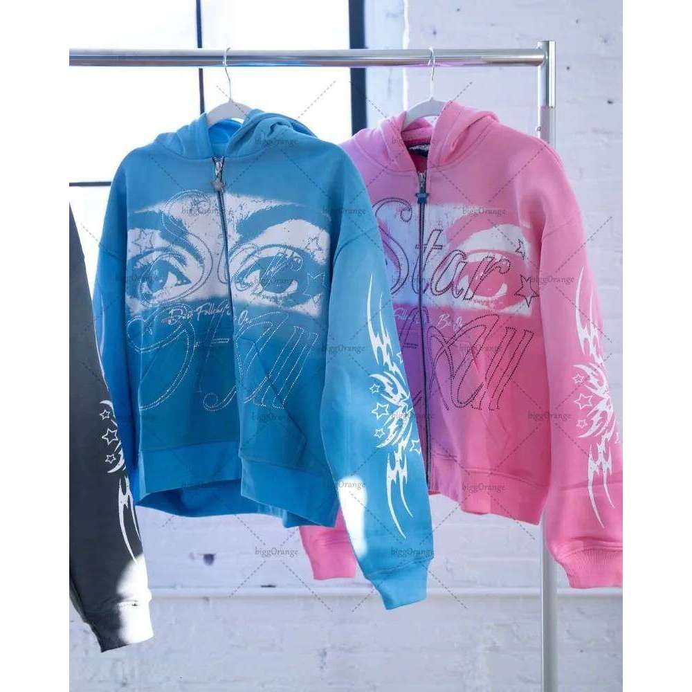 Y2k Haruku Retro Eye Pattern Casual Loose Zipper Hoodie Men American Street Hip-Hop Fashion Punk Oversized Sweatshirt Women
