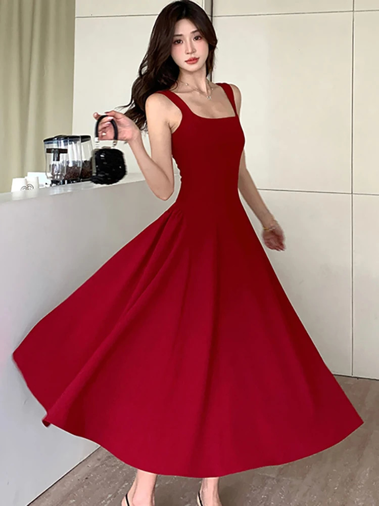 2025 White Square Collar Sling Sexy Long Dress Women Elegant Dance Party Dress Summer Korean Vintage Bodycon Vestidos 250813