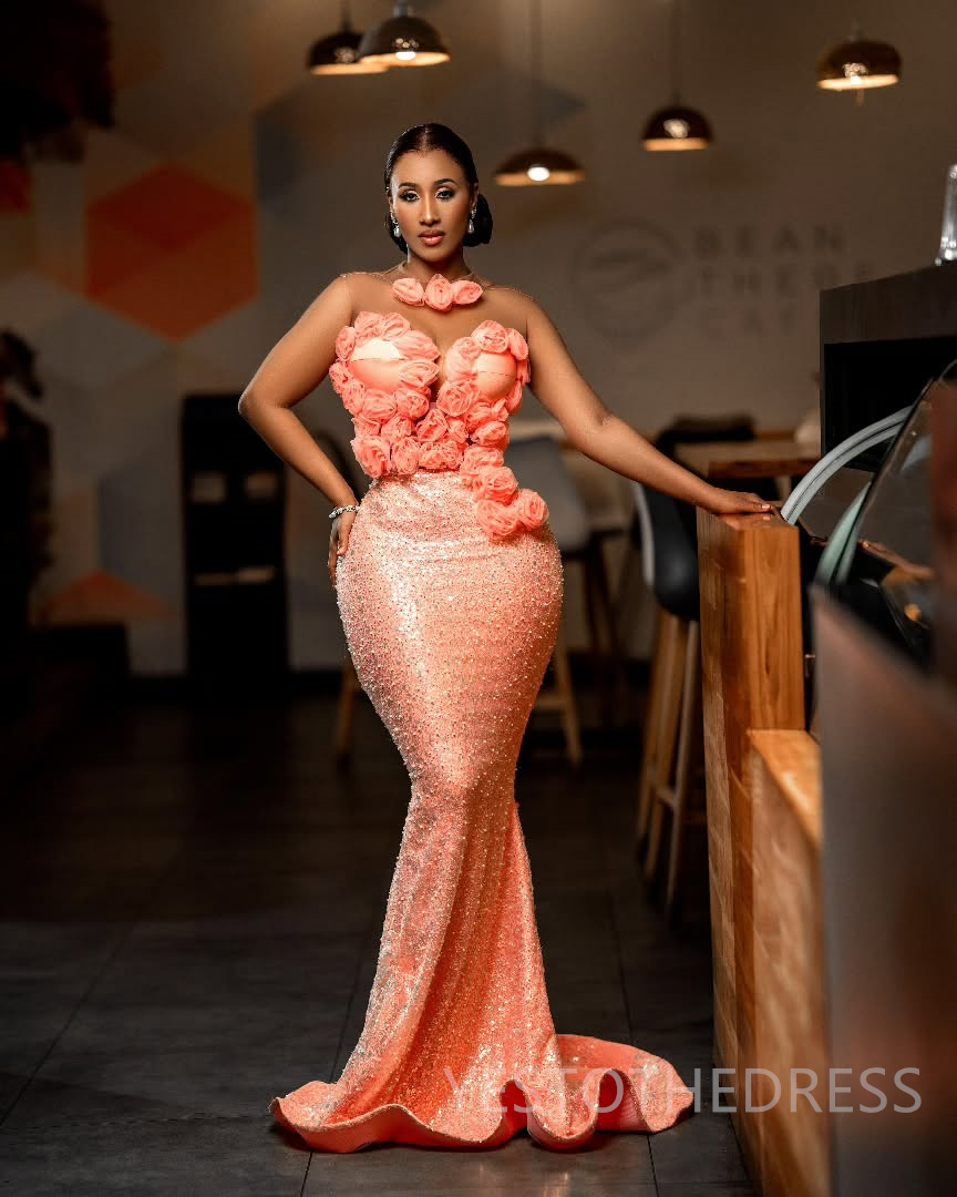 2025 Mermaid Watermelon Prom Dresses For Black Women Aso Ebi Illusion Sheer Neck Sequined Appliqued Lace Flora Beaded Birthday Dress Second Reception 
