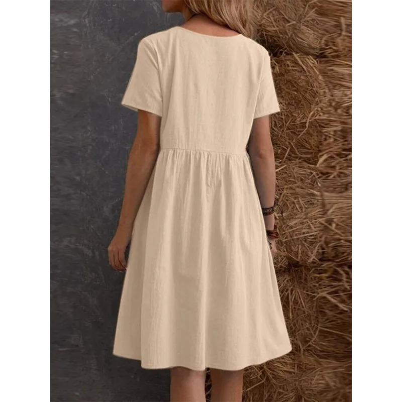 Solid Color Casual Loose Short Dresses For Women 2025 Fashion Summer Womens A-Line Midi Dress Elegant Vintage Female Dresses 250813