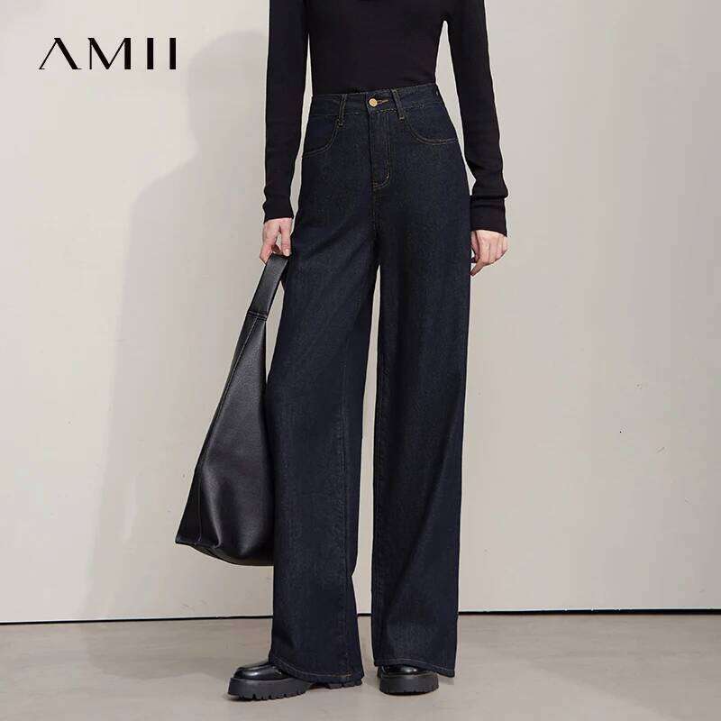 AMII Minimalist Women Casual 2025 Autumn Korean Style Embroidery Loose Denim Wide Leg Pants Jeans Trousers 12543142