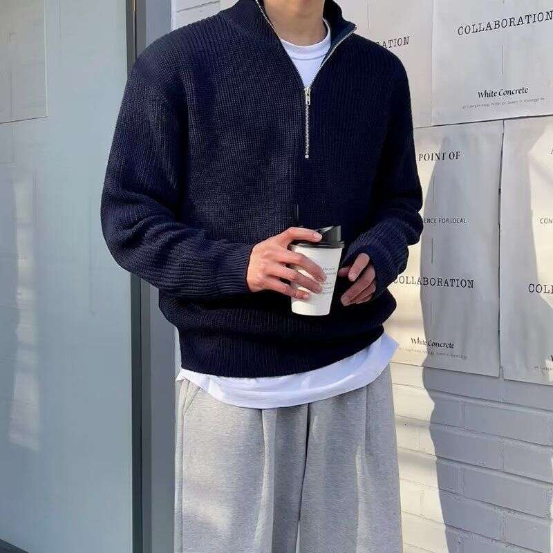 Men's Clothing Autumn Half Zip Cardigan Men Style Trend Handsome Versatile Stand Collar Knitted Sweater Top Turtleneck Jacket