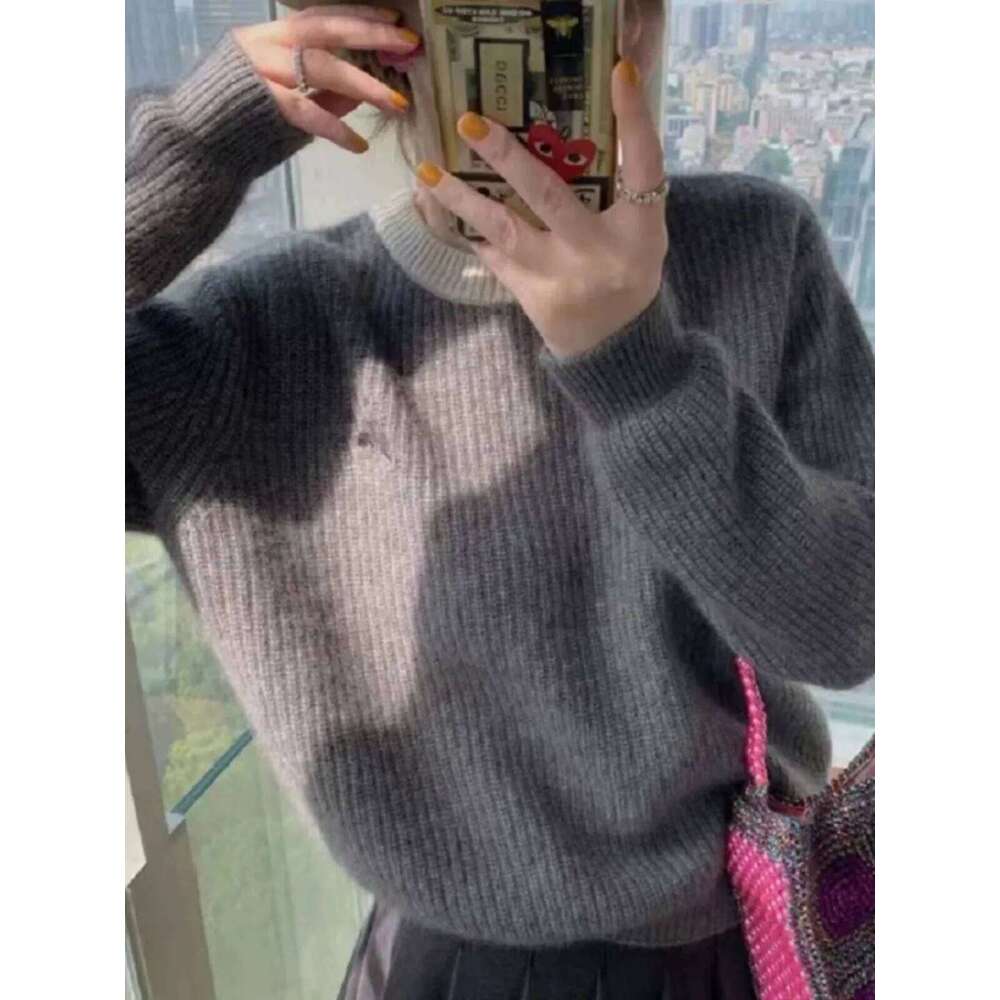Autumn And Winter Thick Round Neck Cashmere Women's Sweater Matching Color Pit Strip Wool Knitted Bottom Loose Top 20250809