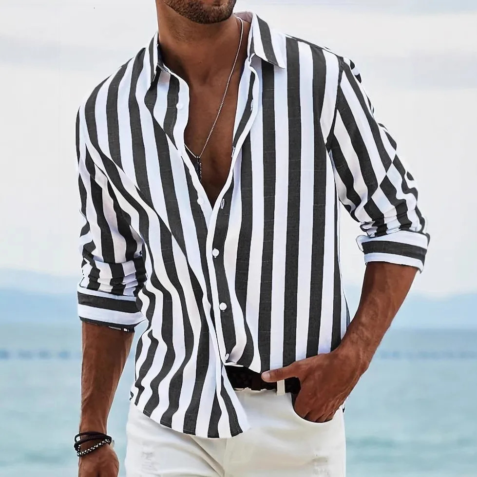 Spring and Autumn Mens Color Woven Striped Casual Loose Long Sleeved Shirt Mens Shirt Tops 100% Polyester Microprojectile 250813