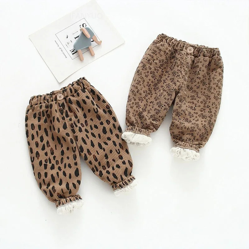 Spring Autumn Girls Korean Corduroy Floral Pants Thicken Fleece Warm Children Trousers Fashion Leopard Print Boys Pants Outwear 250813