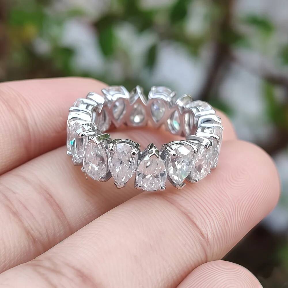 Waterdrop Moissanite Eternity Band Pear Cut Full Diamond Wedding Rings with GRA S925 Silver Stackable Wedding Ring for Women Men