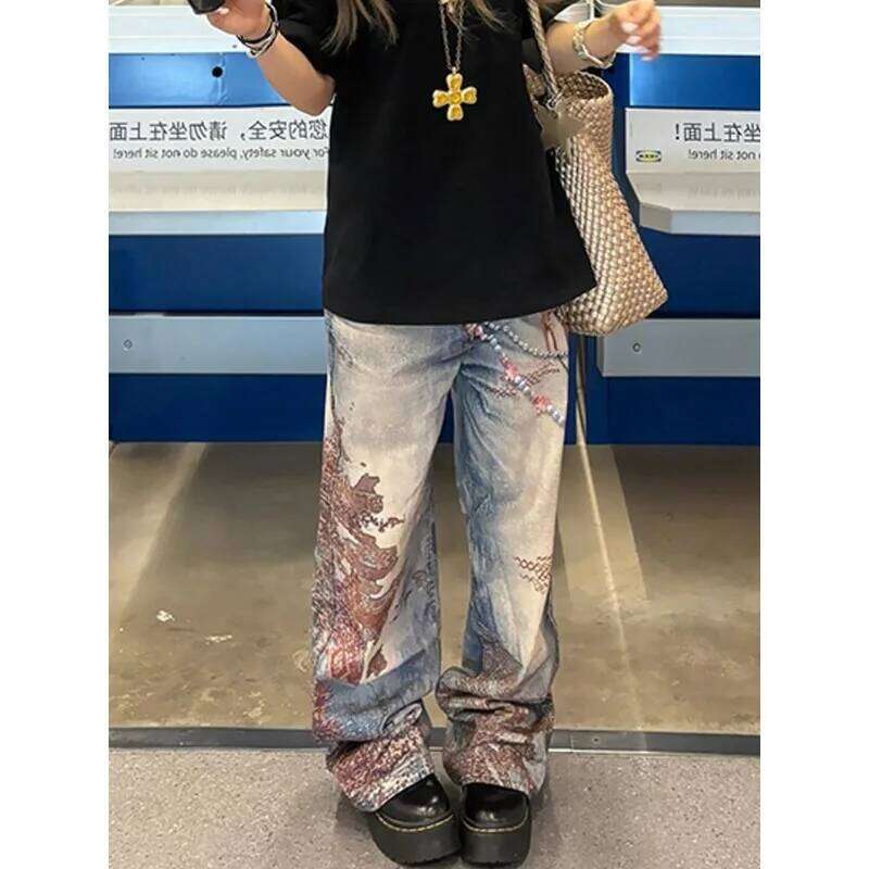 American High Street Casual Women's Jeans Straight Leg Print Deconstructed Denim Pants Loose Fit Comfortable Fashion Summer