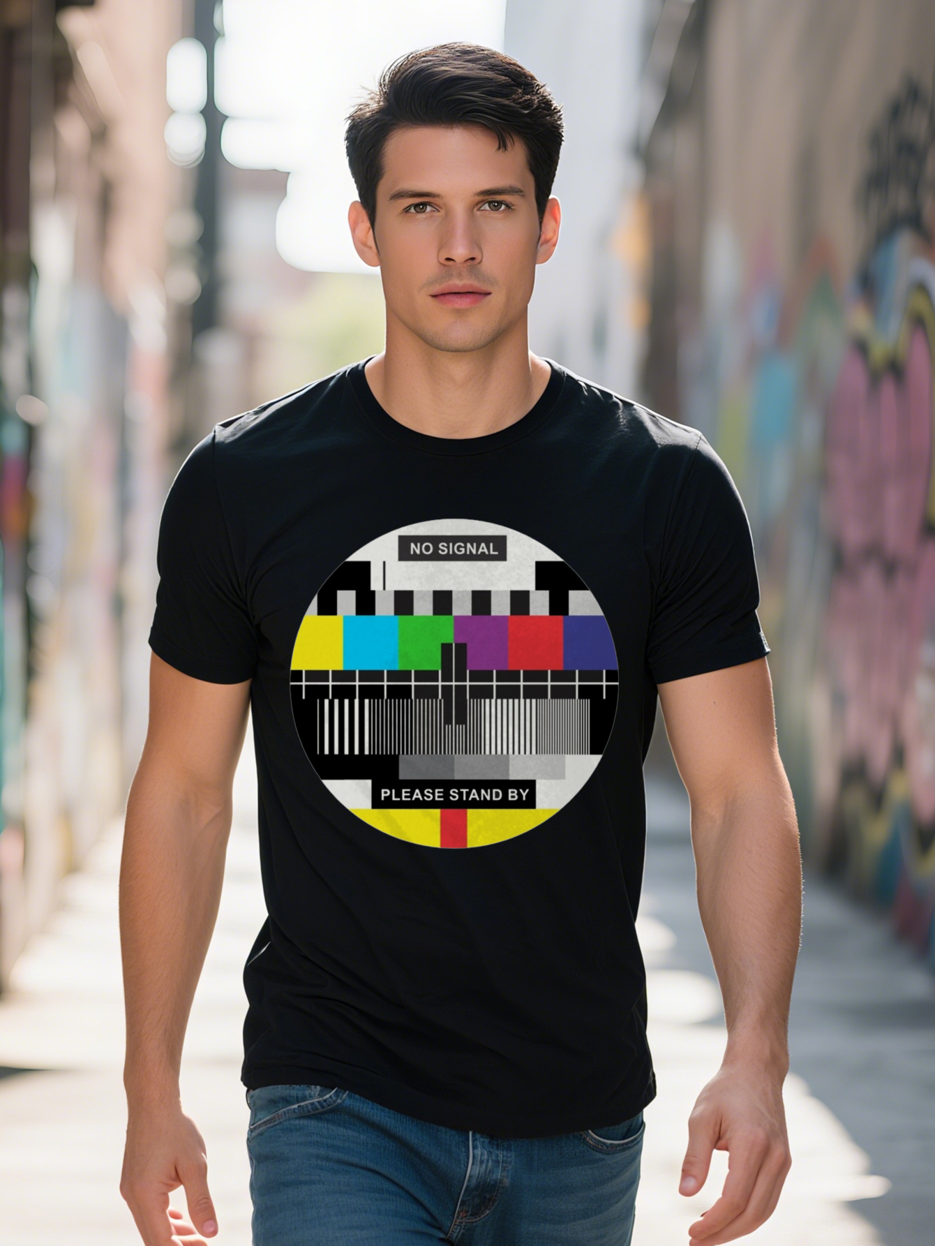 Men s Casual Graphic T Shirt NO SIGNAL TV Static Design Retro Tech Nostalgic Tee Black Round Neck Summer Top Regular