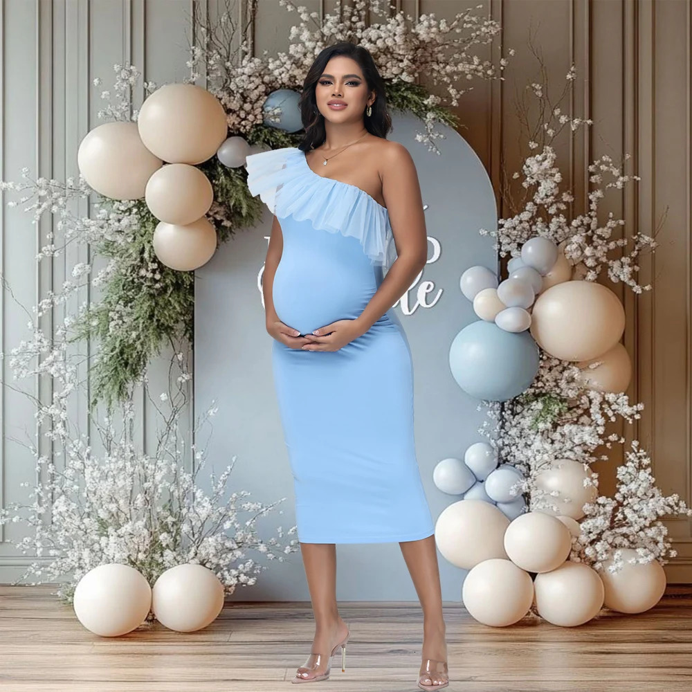 Maternity One-Shoulder Mesh Ruffled Collar Summer Midi Dress for Party Baby Shower Poshoot 250813