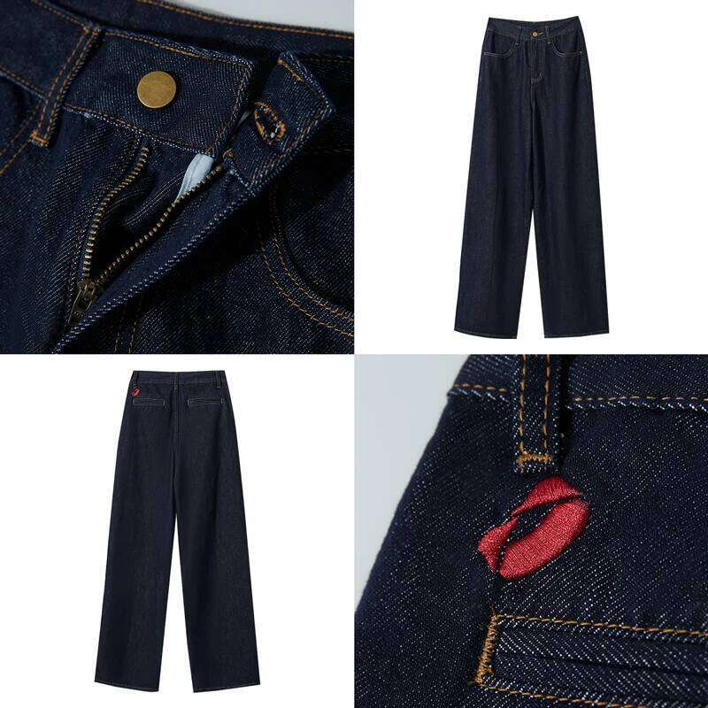 AMII Minimalist Women Casual 2025 Autumn Korean Style Embroidery Loose Denim Wide Leg Pants Jeans Trousers 12543142