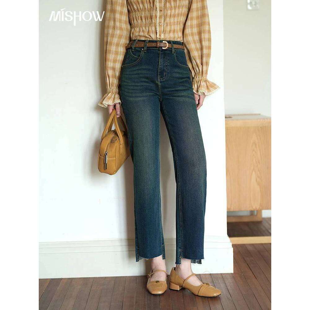 MISHOW Retro Denim Blue Ankle-Length Pants 2025 Autumn Moustache Effect Asymmetric Pant Legs Versatile Casual Jeans MXE42K1025