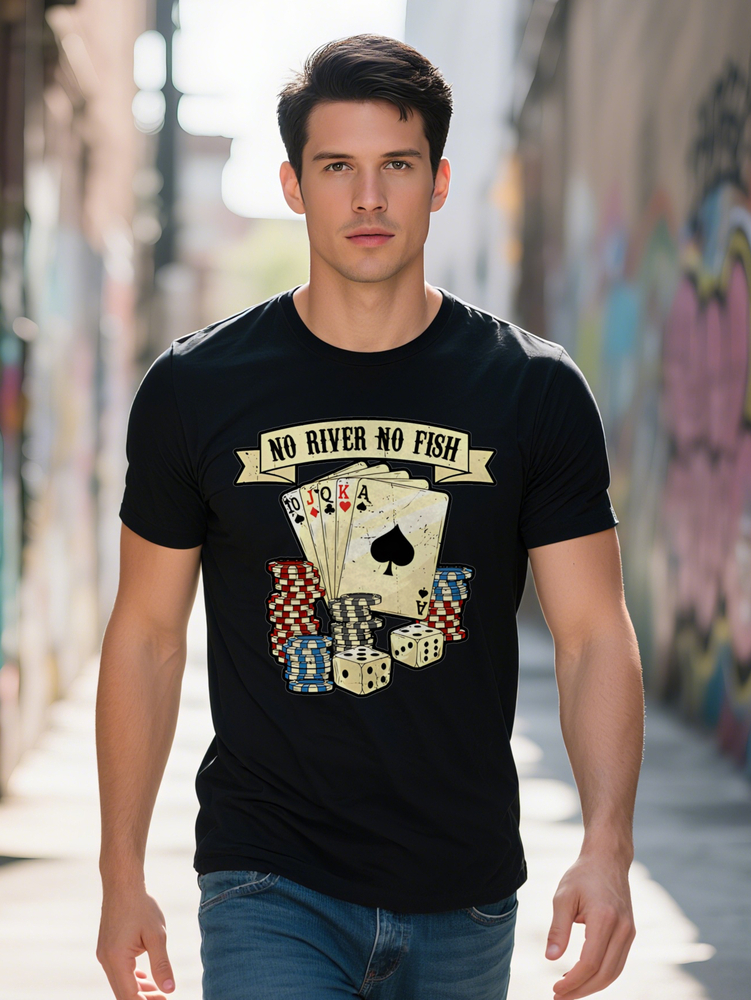 Casual Versatile Round Neck T-shirt with Poker Card Black Ace Print Pattern Top for Men Gift