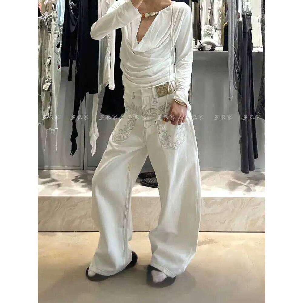 Women Embroidery Baggy Jean Japanese Y2K Streetwear Haruku Denim Pants Hip-pop 2000s Wide Leg High Street Cyber Punk Tomboy