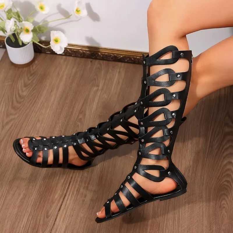 Women Summer Cool Boots Sexy Open Toe Cut-out Gladiator Flats Fashion Rome Back Zipper Street Style Sandals Shoes W250814
