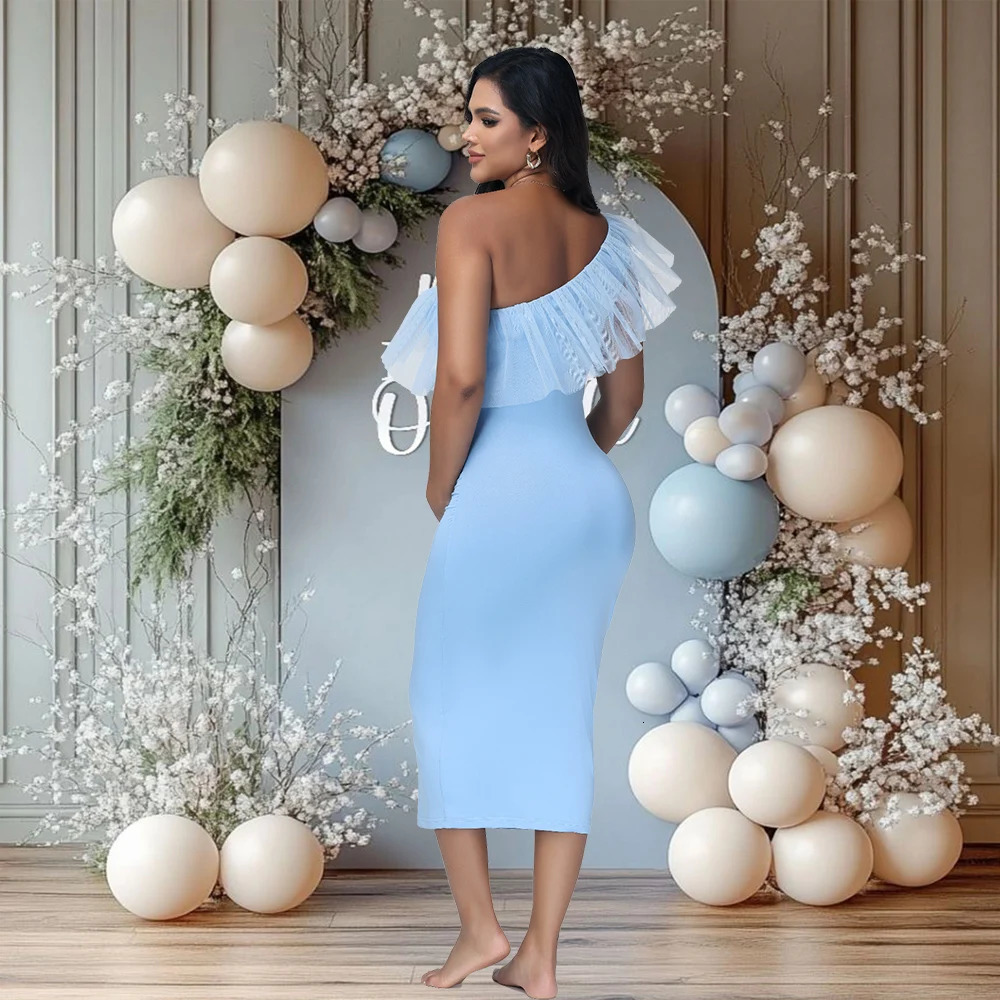 Maternity One-Shoulder Mesh Ruffled Collar Summer Midi Dress for Party Baby Shower Poshoot 250813