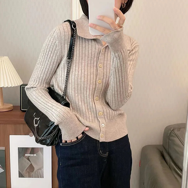 High Quality Knit Cardigan Tops Women Fashion Polo Collar Buttons Up Sweaters Fall Winter Solid Casual Long Sleeve Knitwear 250808