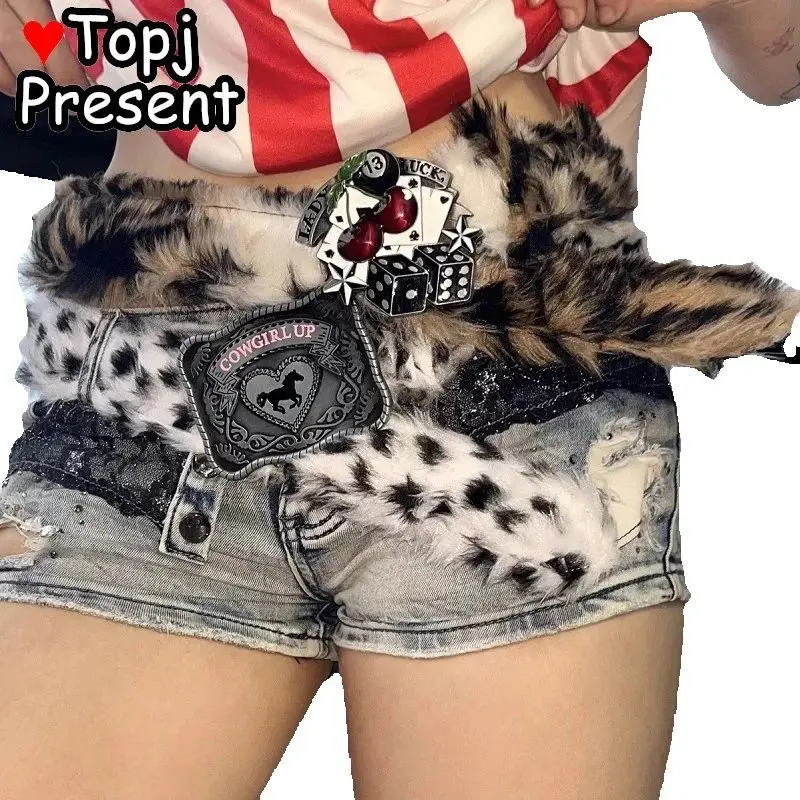 Leopard for Girl Friend Y2K Harajuku Retro Western Cowgirl Cowboy Punk Furry Fur Waist HipHop Punk Rock Streetwear Belt 250814