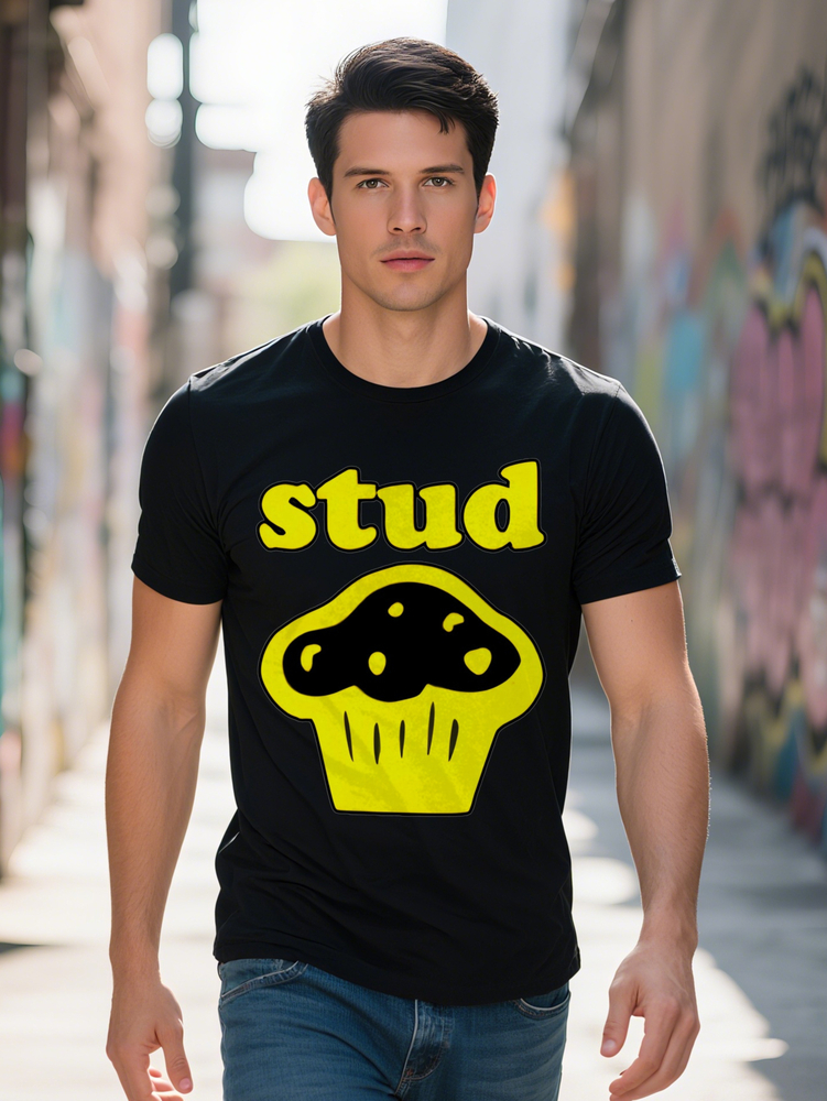 Men s Graphic T Shirt Black with Bold Yellow Stud Cupcake Print Round Neck Summer Tee Regular Fit Top for Casual