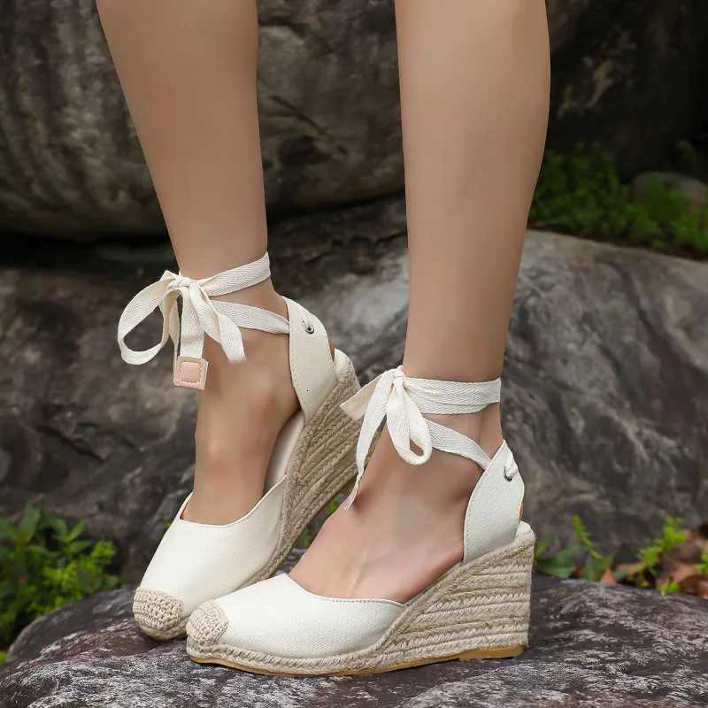 2024 Womens Espadrille Ankle Strap Sandals Comfortable Slippers Ladies Womens Casual Shoes Breathable Flax Hemp Canvas Pumps W250814