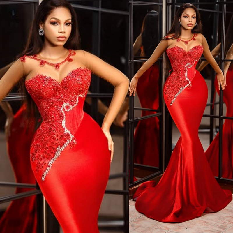 2025 Mermaid Red Prom Dresses For Black Women Aso Ebi Illusion Sheer Neck Long Sleeves Appliqued Lace Beaded Birthday Dress Second Reception Gown AM21