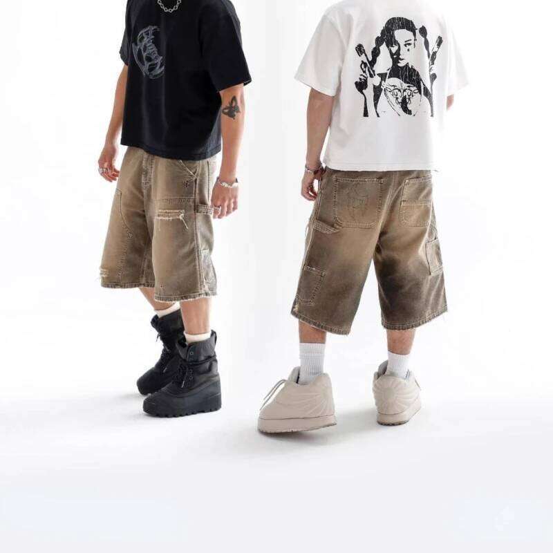 Deeptown Y2k Vintage Washed Women Short Cargo Jeans Haruku Hole American Style Wide Leg Man Jorts Baggy Hip Hop Streetwear