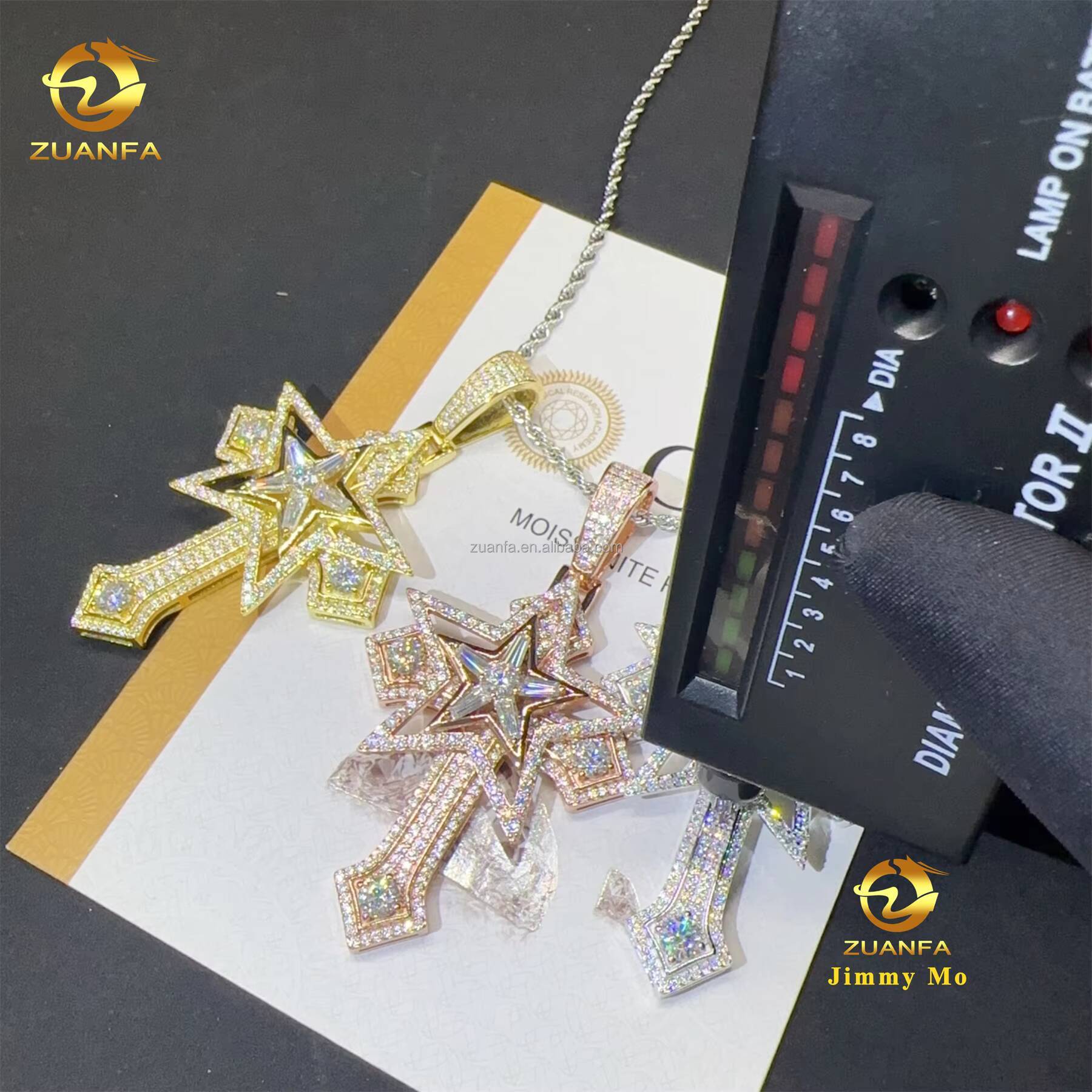 New Arrivals in Stock Iced Out Hip Hop Stylish Rapper Jewelry 925 Silver Vvs1 Moissanite Diamond Star Shape Cross Pendant Men