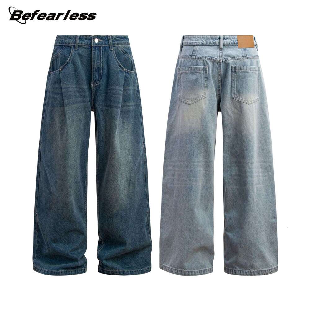 American Style Washed Vintage Double Pleat Jeans Unisex Trendy Loose Wide Leg Floor-Length Casual Pants B5