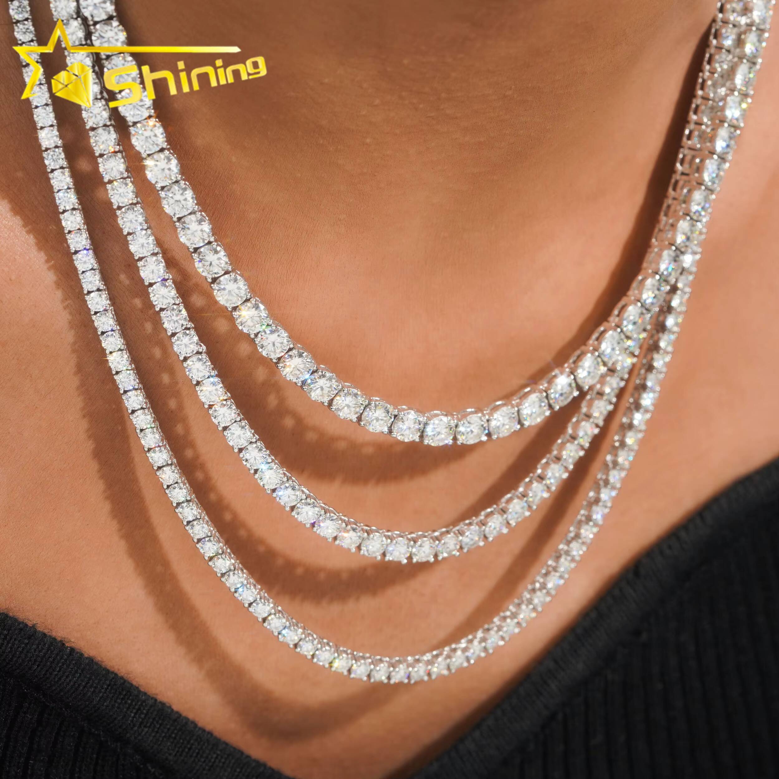 Pass Diamond Tester Large Stock Hip Hop Jewelry Iced Out 925 Silver 2mm 3mm 4mm VVS Moissanite Diamond Tennis Chain Necklaces