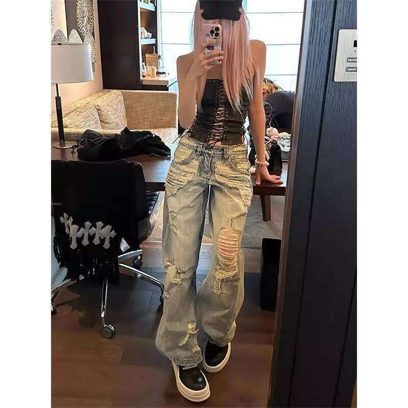 American High Street Vintage Ripped Jeans Women's New Low Rise Retro Straight Leg Floor Pants Female Clothing